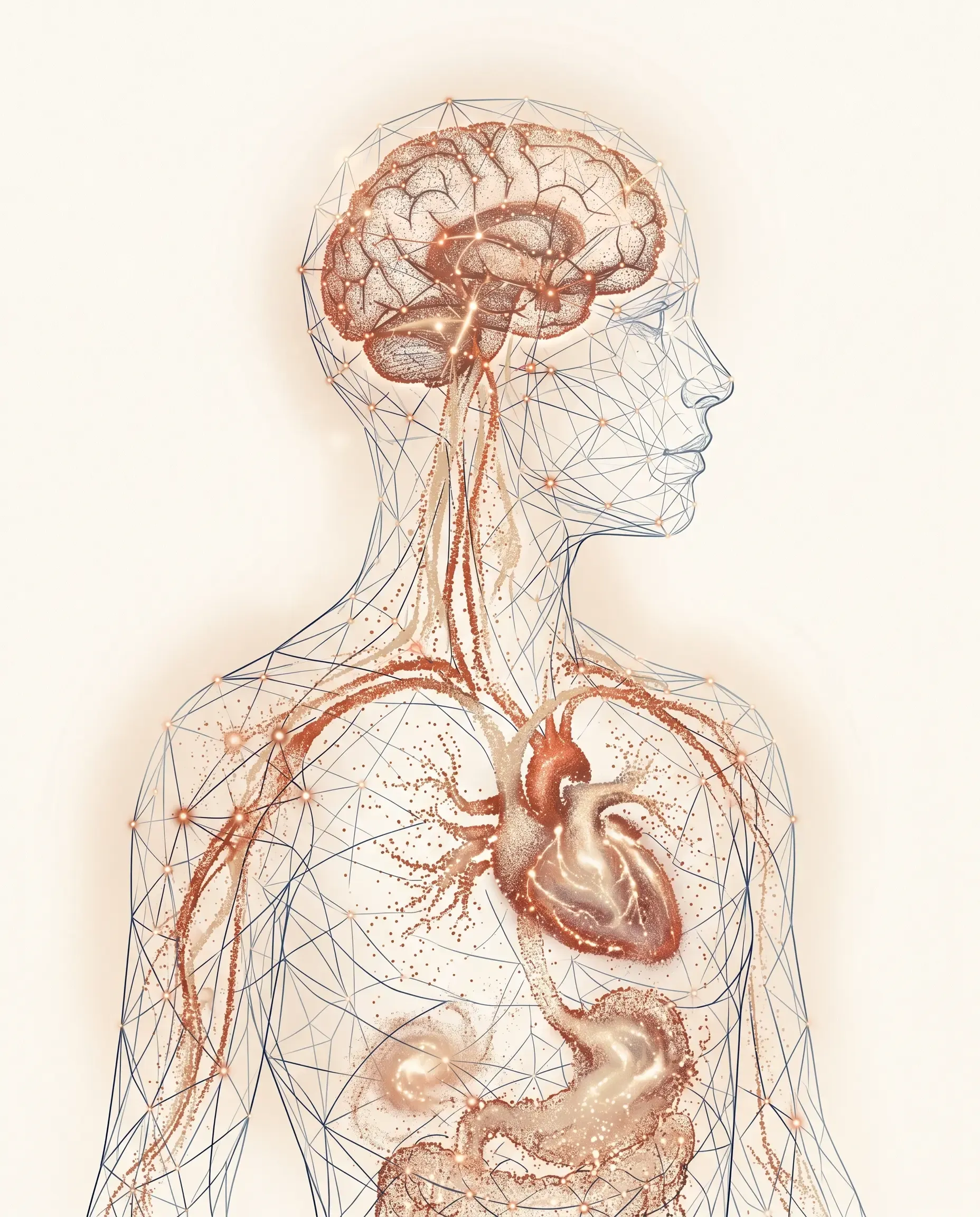 Stilisierte Illustration: glühendes Gehirn, Herz und Bauch verbunden durch ein feines Plexus-Netzwerk. Sinnbild für die Kommunikation zwischen Nervensystem, Immunsystem und Hormonhaushalt.